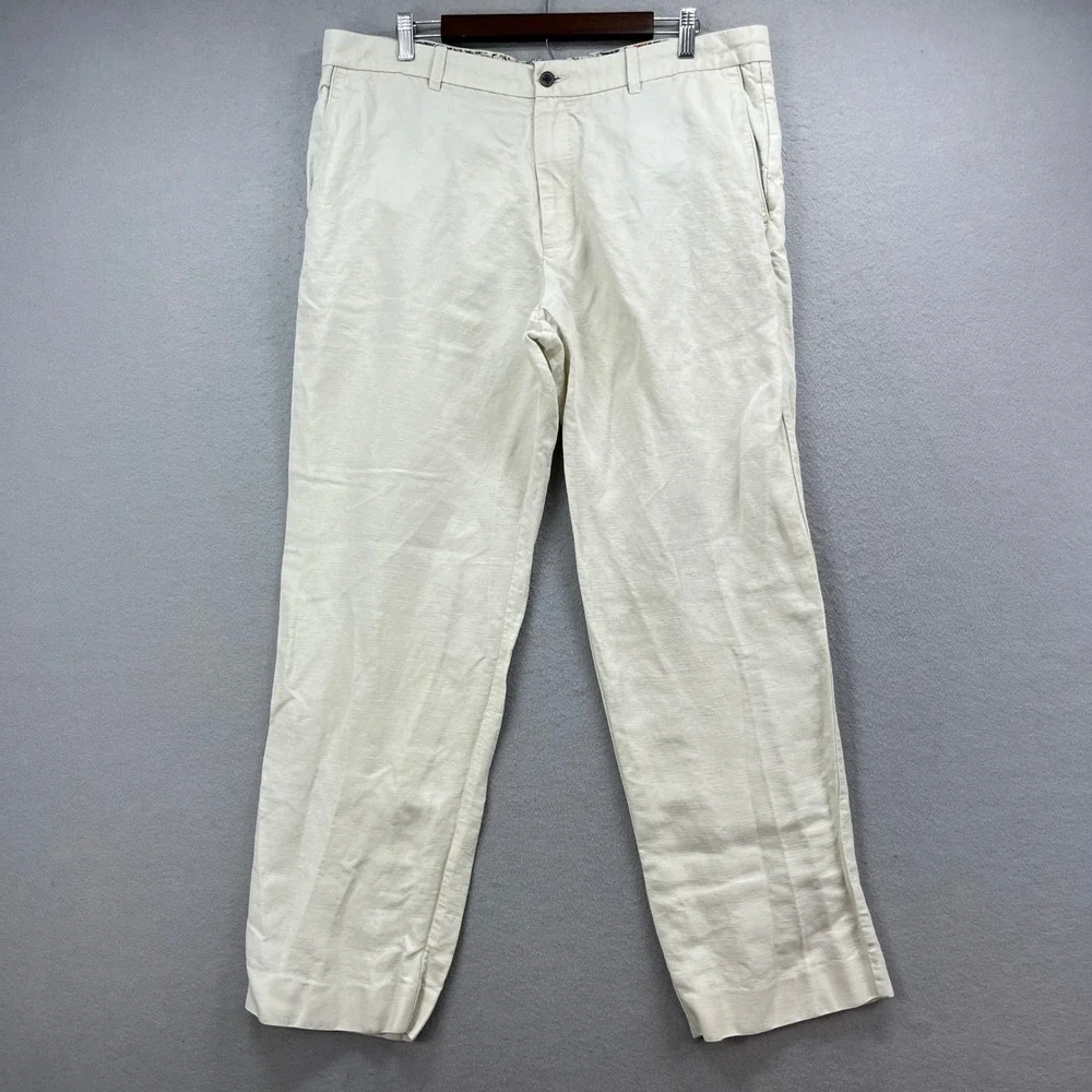 Tommy Bahama Pants Mens 38x32 Ivory Linen Tencel Flat Front Coastal Resort Chino